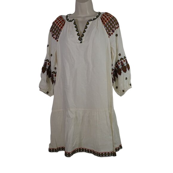 Karen Kane Beige Boho Tiered Dress Women Size XS Embroidered Linen Blend - Picture 1 of 11